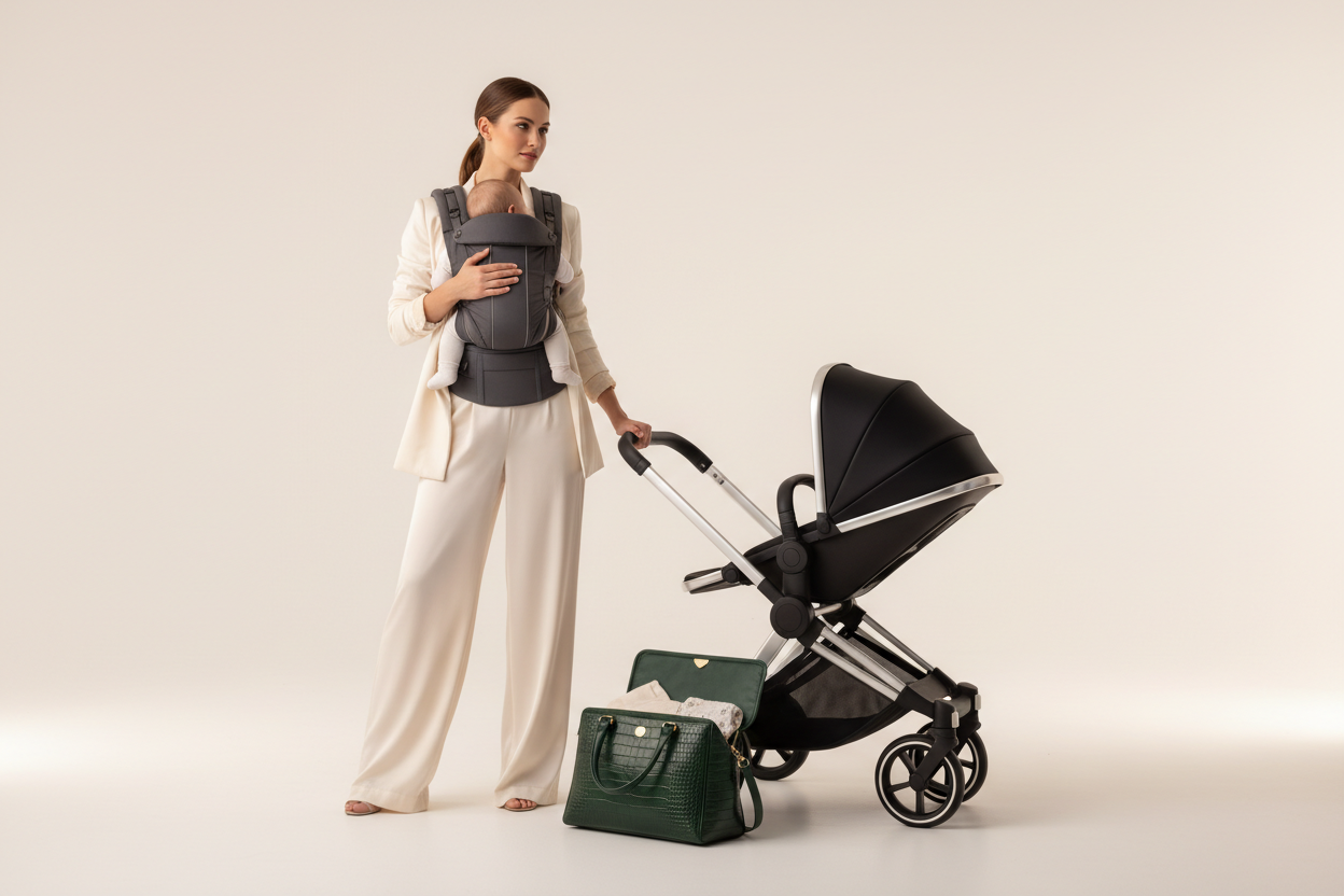 GENERE UNE IMAGE D UNE FEMME DE "à ANS AVEC UN BEBE SUR ELLE , L AA PHOT DOIT FAIRE STYLE PHOTOGRAPHE SHOOTING MANNEQUIN , ELE DOIT AVOIR UEN POUSETTE TRES MODERNE A COTE , ET UN SAV A LANGER TRES CLASSE AU SOL PRET DE LA POUSETTE 